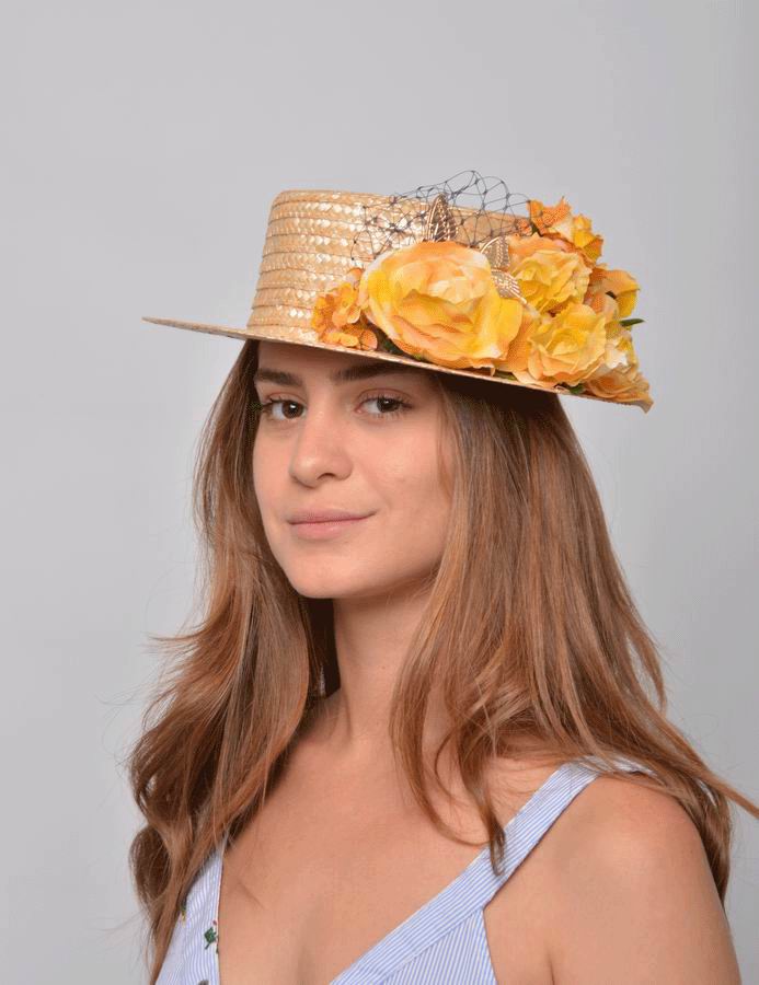 Canotier Penelope. Paille Fleurs Jaunes et Détails Dorés