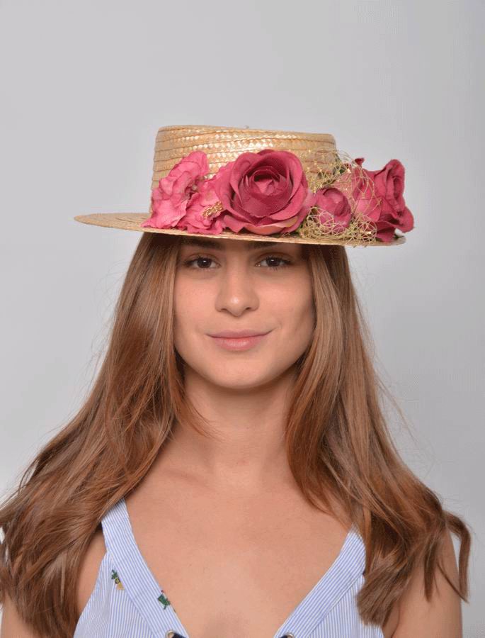 Alba Straw Boater Hat. Straw and Bougainvillea Headdress