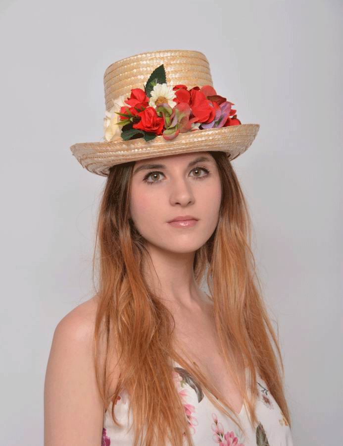 Top Hat Patty. Headdress made of Straw and Flowers