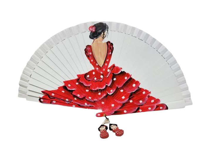 Abanico de Madera Pintado a Mano Diseño Flamenca Vestido Rojo Lunar Blanco