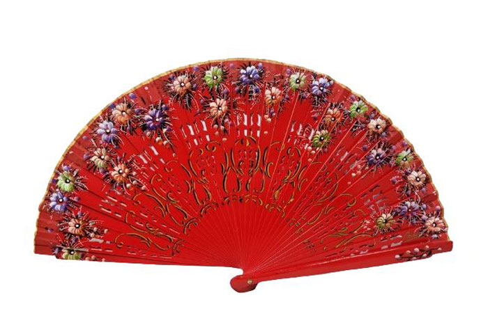 Cheap Red Wood Fan with Painted Flowers