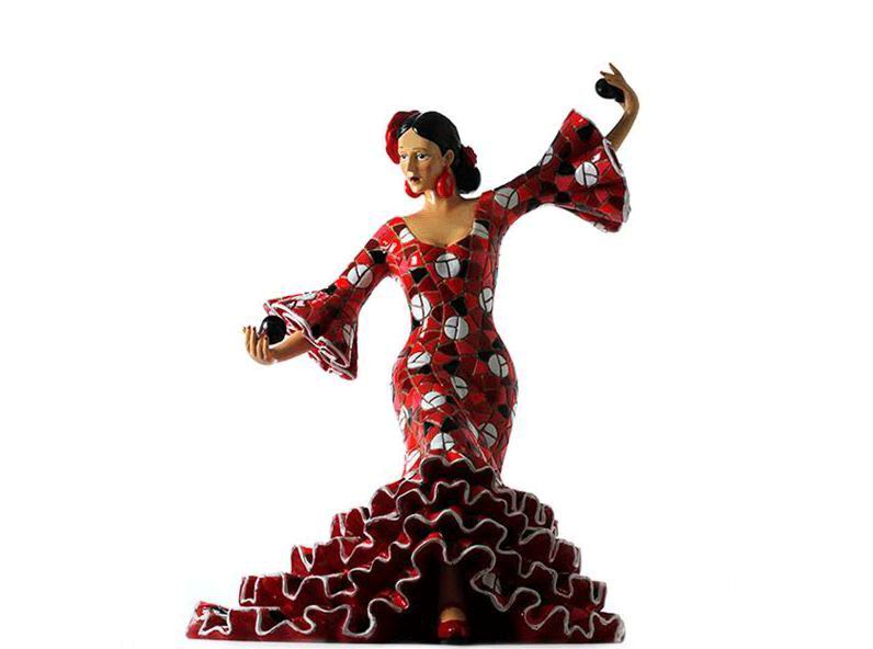 Bailaora Tocando Castañuelas con Traje de Flamenca Rojo Lunar Blanco. 20.5cm