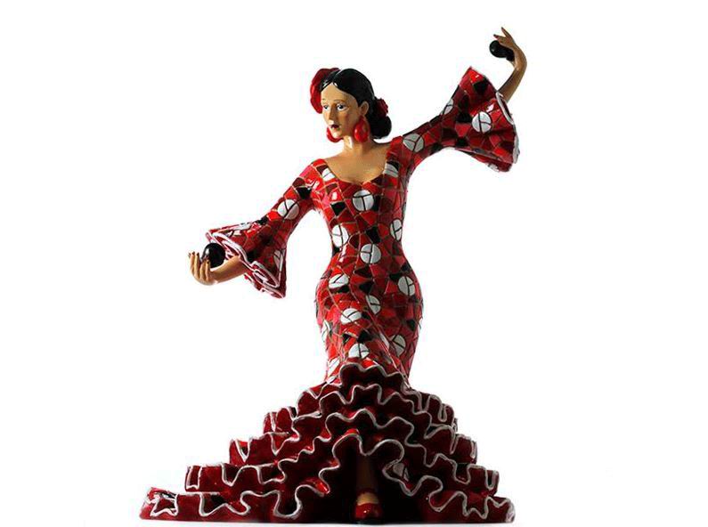 Bailaora Tocando Castañuelas con Traje de Flamenca Rojo Lunar Blanco. 28cm