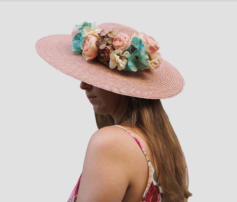 Capeline de Paille en Rose Pâle avec Fleurs Modèle Anuk