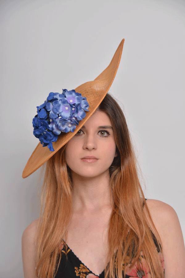 Floppy Hat Paula. Golden Sinamay Hat with Blue Hydrangeas