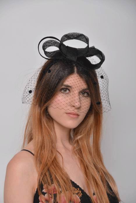 Headdress Alejandra. Sinamay Bows and Veil with Black Polka Dots