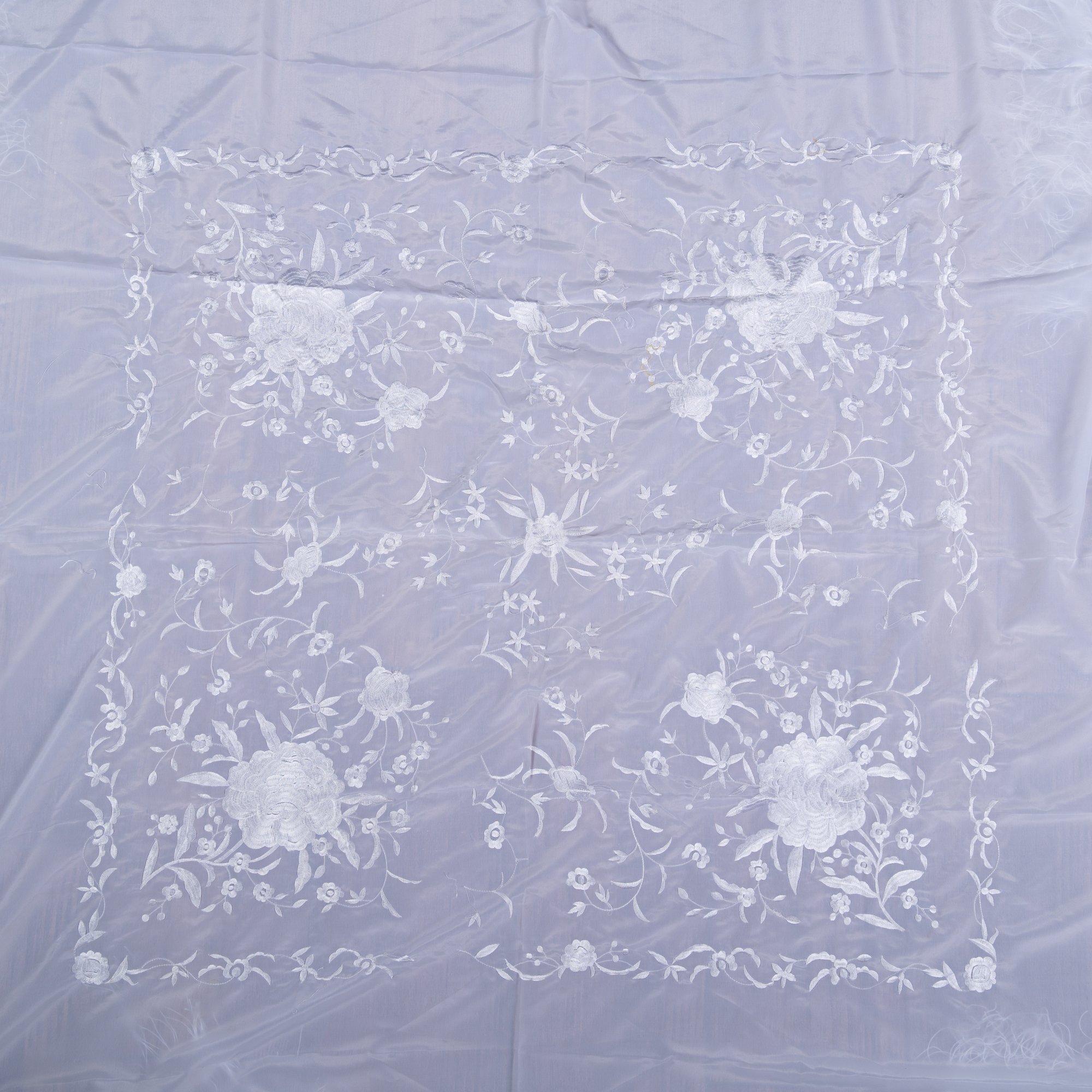 Rehearsal Manila Shawl. White with embroidery in White. 135cm X 135cm