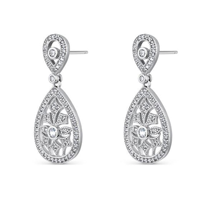 Boucles D'oreilles en Argent Sterling et Zirconium Plaqué Rhodium avec Double Goutte Ajourée et Feuilles