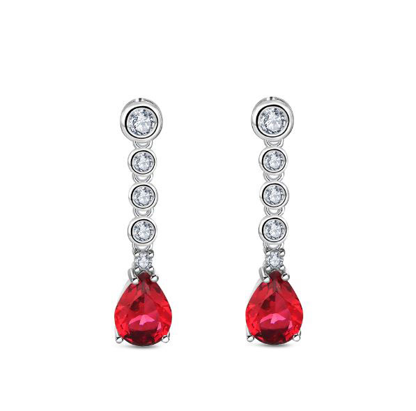 Pendientes de Plata Rodiada Circonitas y Chatones con Gota de Color Rojo