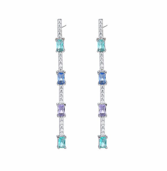 Sterling Silver Rhodium Plated Rectangular Coloured Stones Earrings