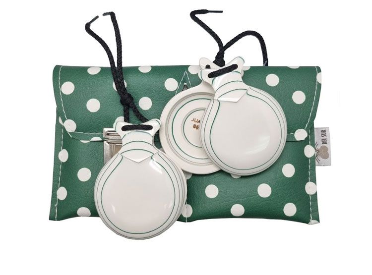 White and Green Grained Capricho Castanets. Double Soundbox by Castañuelas del Sur