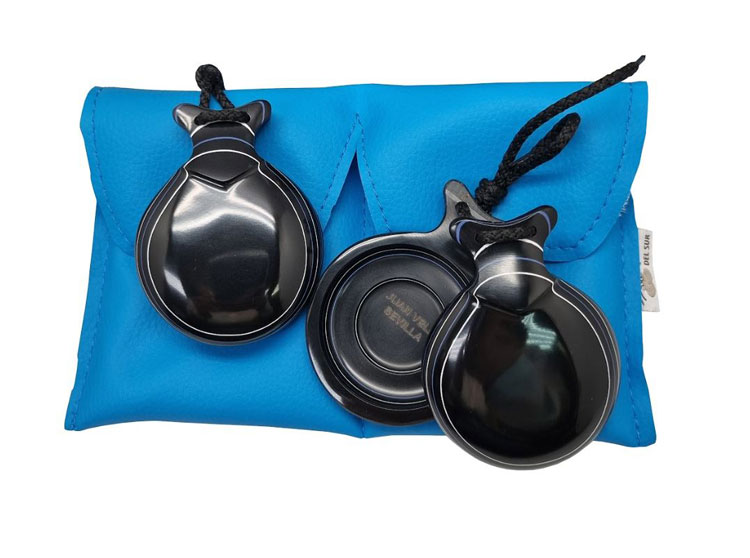 Castañuelas Capricho de Vidrio Negro Veteada Blanca y Azul. Doble Caja. Castañuelas del Sur