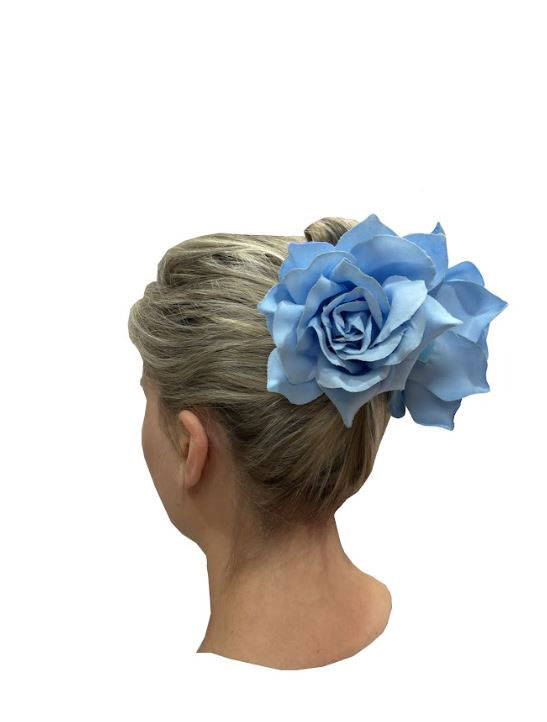 Pinza para el Pelo con Flor de Rosa. Azul Claro