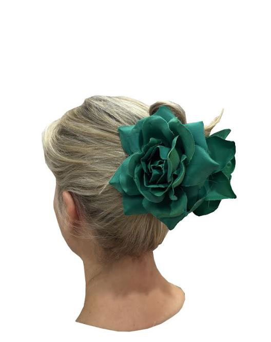 Pink Flower Hair Clip. Bottle Green