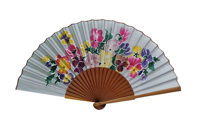 Polished Pear Wood Fan with Hand Painted Silk. Ref. 40