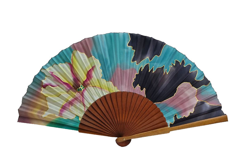 Handmade Pear Wood Fan with Painted Silk. Ref. 96