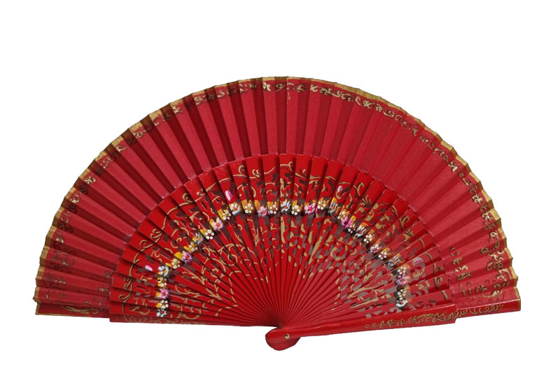 Red Fan with Openwork and Floral Decoration in Sycamore Wood. Ref. 53RJ