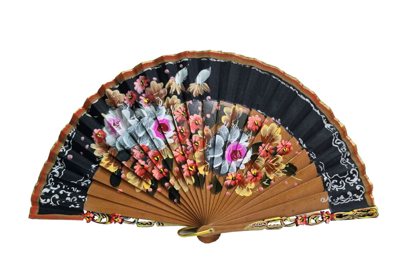 Black and Brown Sycamore Fan with Painted Flowers. Ref. 116