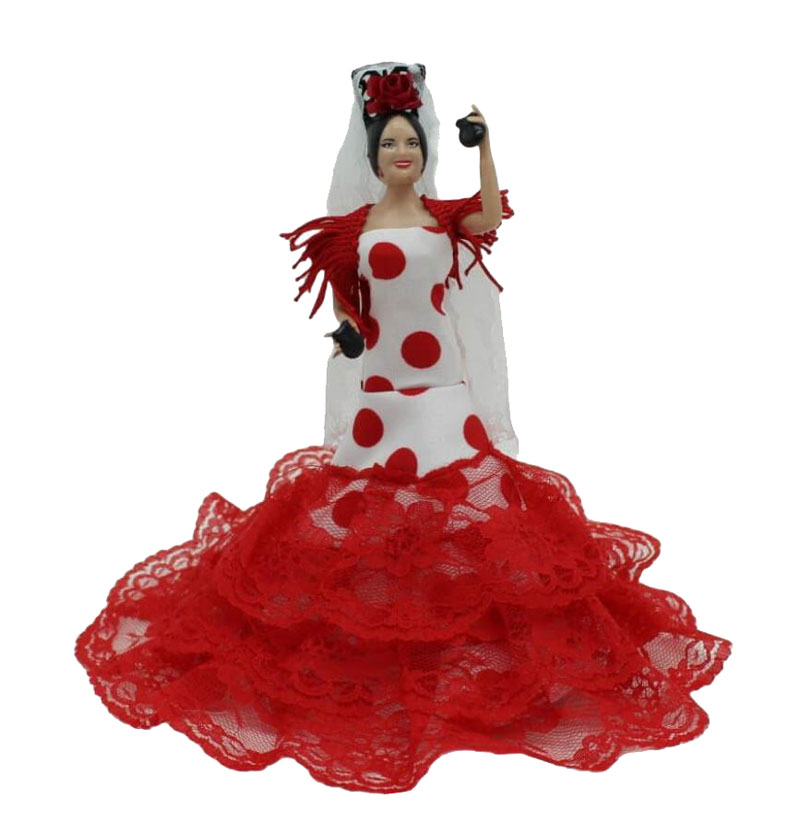 Gypsy Dressed Dolls with White Costume with Red Polka Dots. 20cm