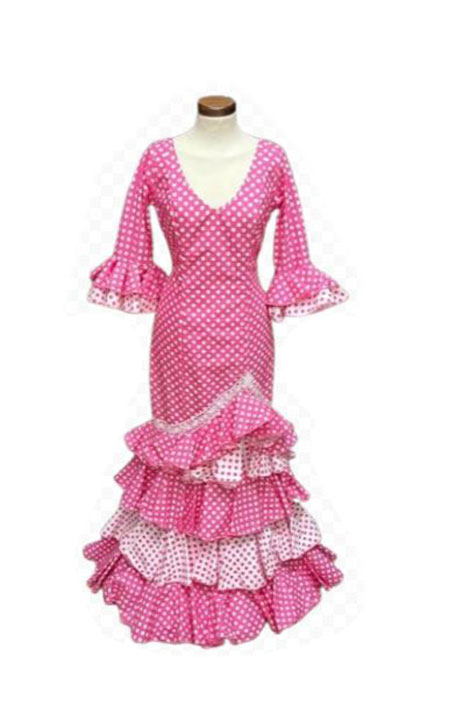 Vestido de Flamenca Outlet. Mod. Alegria Fucsia Lunar Blanco