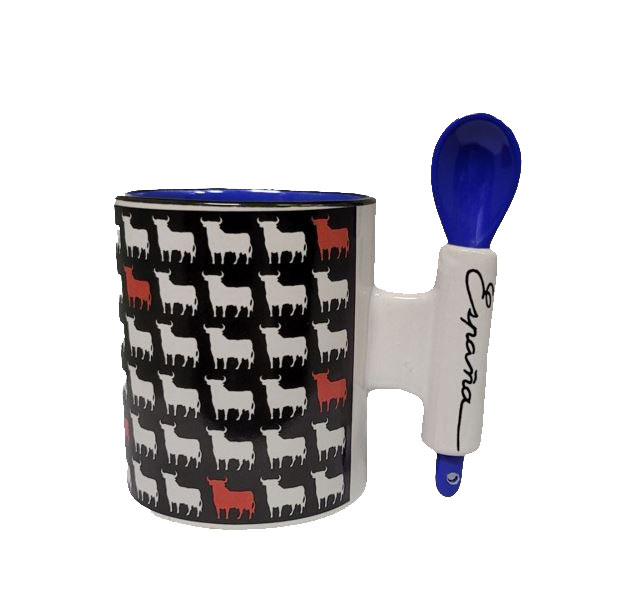 Taza Cuchara Toro de Osborne. Mini Toros Blancos y Rojos. Cuchara Azul