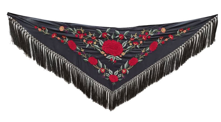 Small Shawl Embroidered in Colours on a Black Background