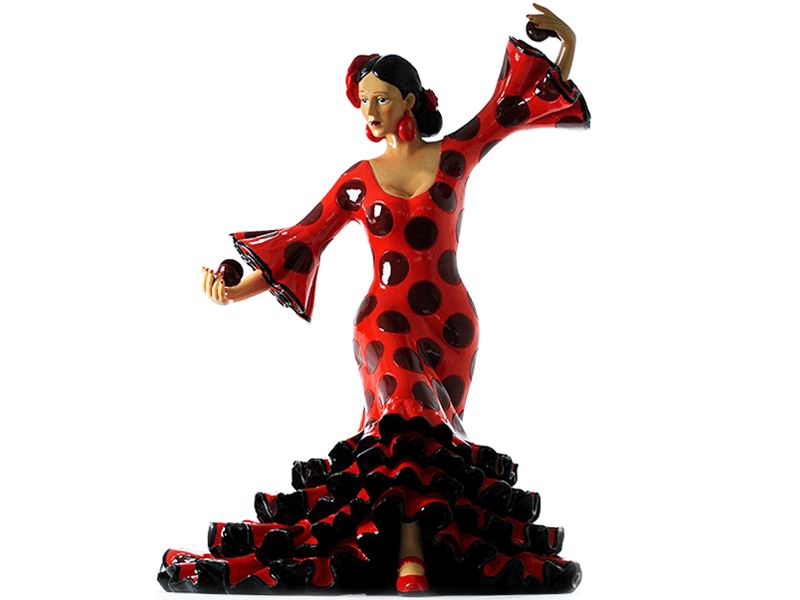 Bailaora Tocando Castañuelas con Traje de Flamenco Rojo Lunar Negro. 13cm