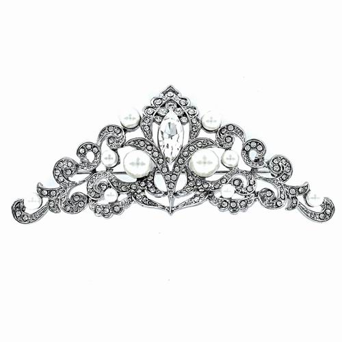 Silver Costume Jewelry Zirconia and Pearl Brooch. Ref.301