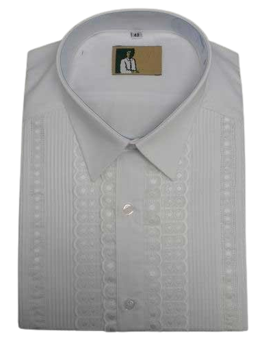 Camisa de Caballero Blanca Pecherín Combiando Plise, Entredos y Tira Bordada. Mod.M40