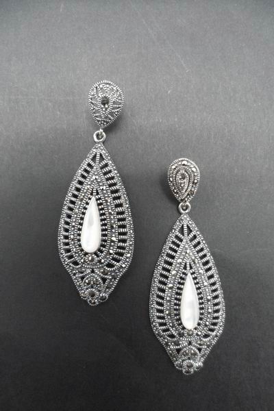 Fretwork Earrings in Silver and Marcasitas with Mother of Pearl Protracted Drop. 6cm