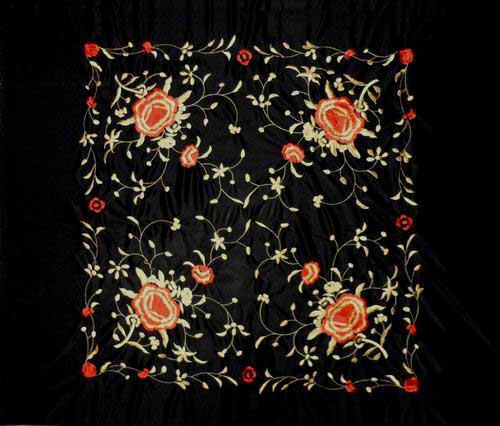 Black Manila Shawl with black or gold machine embroidery. 132cm X 132cm.