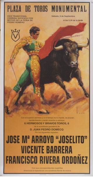 Cartel Plaza de Toros Monumental de Madrid. Toreros Joselito, Vicente Barrera y Francisco Rivera Ordoñez